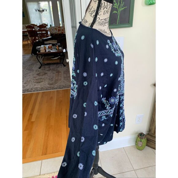 NWT J. Jill Navy Blue Floral Embroidered Blouse Boho Pullover 3/4 Sleeve - Picture 2 of 8
